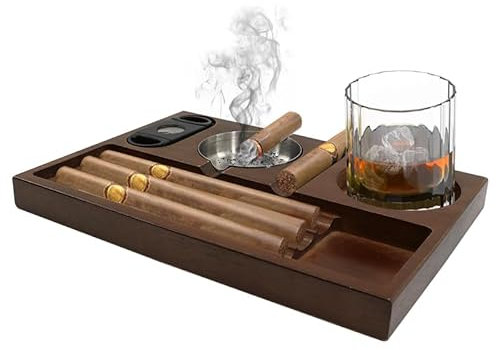 Zigarren Aschenbecher, hölzerne Zigarren Aschenbecher mit Zigarrenschneider, Zigarrenhalter & Whiskey Ständer-3 Zigarrenschlitze, schweres Zigarren-Zubehör für Zuhause, Büro und draußen