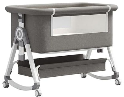 GLOKID Cuna de Noche 3 en 1，Cuna de Cabecera，con Colchón，Altura e inclinación Ajustables, 4 Ruedas bloqueables，Mosquitera，Lavable (Gris)
