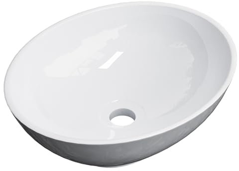 EMKE Lavamanos Ovalado para Sobreponer 35 × 27 × 11 cm, Lavabo de Cerámica para Baño y Aseo de Invitados, Lavabo Blanco