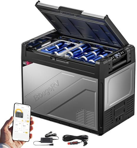 BougeRV Rocky2 65L Auto Kühlbox 12V 230V mit 5,7cc Kompressor Kühlbox Dual Zone mit Gefrierfach APP-Steuerung Abnehmbare Trennwand, Auto Kühlschrank 12/24V Camping Reisen Boot Angeln Kühlt bis -20 °C