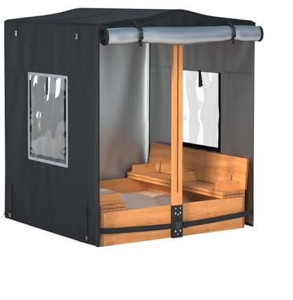 Sandbox Cover, 48” W x 48” D x 48” H, 420D Heavy Duty Waterproof and UV Resistant Wooden Sandbox Cover for Kids Wooden Sandbox with Canopy and Collapsible Bench. Black, (Sandbox not Included)