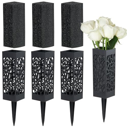 Cemetery Vases with Foam, Plastic Flower Holder with Spikes Gravestone Headstone Flower Vase for Artificial Flowers, Grave Cemetery Decoration (Set of 4, Black), Flowers not Included