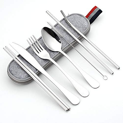 JOME Set de Couverts Réutilisables en Acier Inox 304 – Étui en Tissu Inclus – Couteau, Fourchette, Cuillère, Pailles, Baguettes & Goupillon pour Repas Nomades