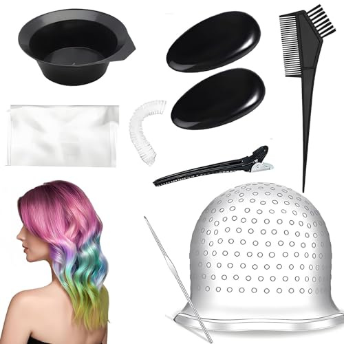 Silikon Highlight Kappe, Vorgebohrte Strähnchenhaube Haarfärbeset Haarfärbepinsel Haare Faerben Set mit Löchern Färben Färben Zubehör für Frauen Mädchen(9 pcs)
