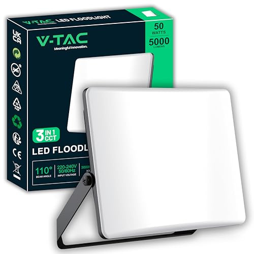 V-TAC Faro LED da Esterno 50W - [Chip Samsung + Tecnologia RLE + Innovativa Copertura in Policarbonato] - Alta Luminosità: 3000 Lumen - IP65 - Faretto LED per Casa, Garage, Magazzino - Luce CCT 3 IN 1