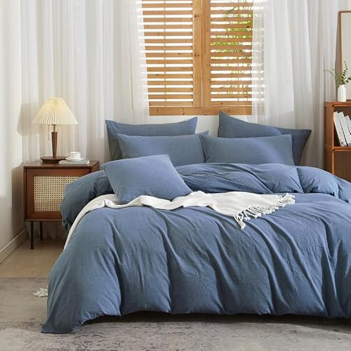 Gezu Housse de Couette Coton Lin 220x240 Bleu Parure de Lit Coton