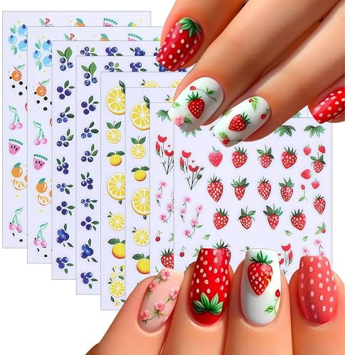 Autocollants pour ongles Fruits d'été 3D Colle Citrons, Fraises, Myrtilles Été avec Motif Floral Autocollants Beaux Fruits Ongles Autocollants DIY Femmes Décoration d'Ongles 8 Pièces
