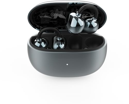 JUOVI Open Ear Öronproppar, Bluetooth 6.0 Clip-on Öronproppar med ENC Tydliga Samtal, 28 timmars Spellängd, IP54 Vattentäta Öronproppar, 5,2 g Lättkomfort, FlexiClip-Design för Sport, Träning, Löpning