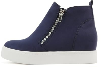 Soda Taylor Hidden Wedge Sole Booties Ankle Heels Sneaker Shoes Side Zipper (Navy Suede, 8)