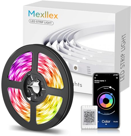 Mexllex Ruban Led 15M(1x15M) Led Chambre Multicolore Bande LED avec Télécommande à 44 Touches, Synchroniser avec la Musique, Contrôlé par APP Bluetooth, LED Ruban pour Maison Décoration, Fête