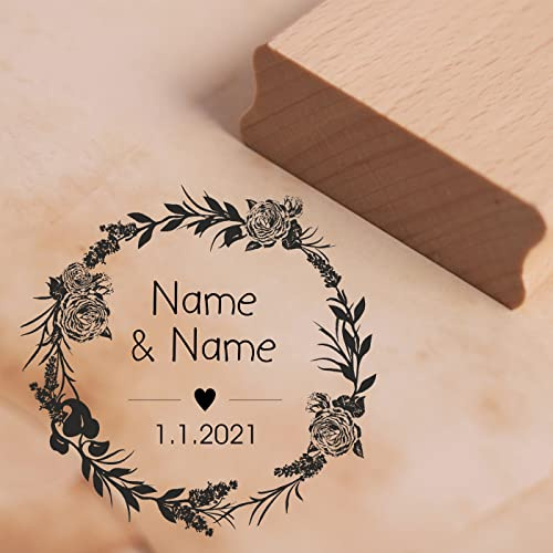 Motivstämpel rosor vintage krans bröllop namn datum hjärta stämpel bröllopsstämpel personlig – 48 x 47 mm