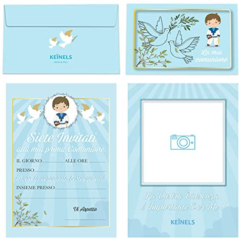 Inviti Comunione con Buste Bambino Originali – 16 Biglietti e 16 Buste Inviti Prima Comunione Maschio – Kit Prima Comunione Originale