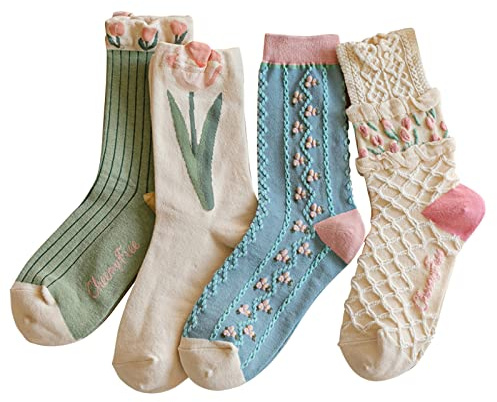 MarJunSep Cute Floral Crew Socks for Women Teen Girls Flower Cottagecore Frilly Vintage Fancy Cotton Socks Tulip Aesthetic Socks