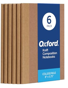 Oxford Composition Notebook 6 Pack,Notebooks for School, School Supplies, School Journal, Comp Book, College Ruled Paper, 5.75 x 8 Inches, Small Size, 60 Sheets, Kraft Covers (63831)