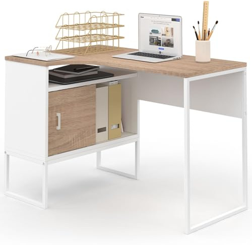 IDMarket - Escritorio de esquina Rob blanco y forma de haya nicho de almacenamiento y puerta de diseño industrial