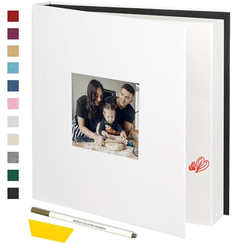 Miaikoe Fotoalbum självhäftande scrapbook-album för 4 x 6 5 x 7 8 x 10 bilder, 40 sidor linneomslagsalbum med visningsfönster gör-det-själv-bok med en metallpenna och skrapa (vit)