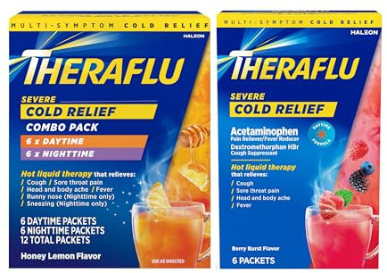 Theraflu Combo Daytime and Nighttime Severe Cold Relief Honey Lemon Flavor Powder and Daytime Severe Cold Relief Berry Burst Flavor Powder, 6 Daytime + 6 Nighttime, and 6 Berry Burst Powder Packets