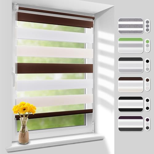 Homland Doppelrollo Klemmfix ohne Bohren B85 x H150 cm(Stoffbreite 80cm) Weiß-beige-braun, Duo Rollo, Rollo Klemmrollos lichtdurchlässig & verdunkelnd, Verstellbar Fensterrollo Sonnenschutz