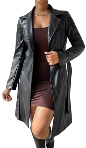 Generico Nero, Donna Sexy Pelle PU Tempo Libero Maniche Lunghe Risvolto Stile Lungo Giacca A Vento Cappotto Palcoscenico Discoteca Spettacolo Vestiario