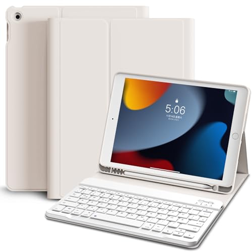KVTVOU Tangentbordsfodral för iPad nionde /8. /7. Generation 10,2 tum 2021/2020/2019, trådlöst Bluetooth avtagbart OWERTS-tangentbord, inbyggt pennhållare, vit