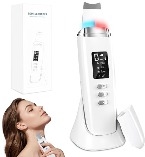 Yeerain Skin Scrubber Ultraschall, Porenreiniger Gesicht mit 4 Modi und Einstellbarer Intensitä, Rotes Blaues Licht, LED-Anzeige und 5-Minuten-Autoabschaltung Mitesserentferner Gesichtsreinigung Gerät