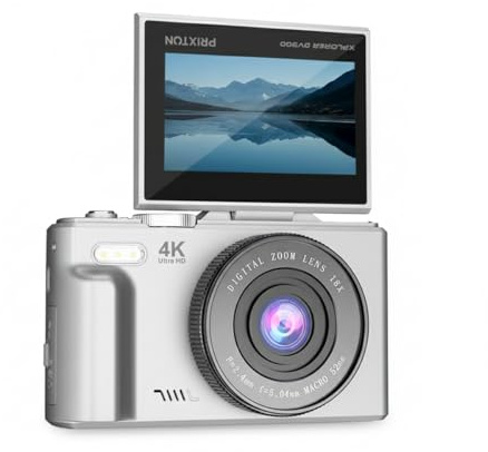 PRIXTON Cámara Digital Xplorer DV900, WiFi, App Móvil, Pantalla Giratoria LCD, Resolución 4K, 64MP, 9 Funciones de Cámara, Batería extraíble Recargable, Autonomía 1,5h, Tarjeta SD hasta 256GB, Plata