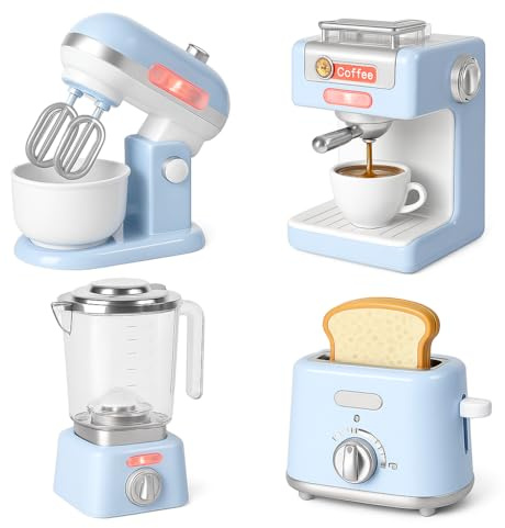 Ensemble d'appareils de cuisine 4 en 1 pour enfants – Machine à café avec flux d'eau lumineux et son, grille-pain pop-up, mélangeur rotatif et mélangeur – Jeu de rôle à piles pour enfants de 3 ans et