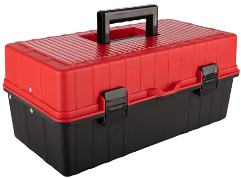 Plastic Tool Box Organizer - 15.94-Inch 3-Tier Portable Toolbox or Tackle Box Organizer with Handle for Tools, Craft Storage, Hobby Supplies or Art Bin by Stalwart (Red)