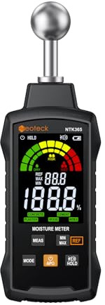 Neoteck Moisture Meter with REF Comparison, ±2.5% Accuracy Pinless Non-Destructive Moisture Detector with 5-40mm Measuring Depth,3-Color Warning Display,5 Modes for Wood Concrete Cement Plaster