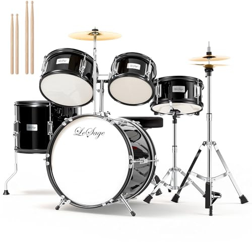 LeSage Drum Sets 5-Piece for Beginners,16 inch Size Complete Drum Kit Black