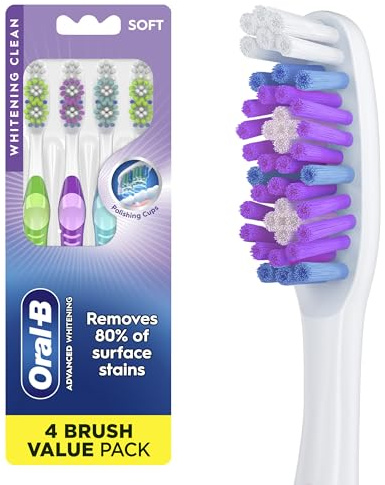 Oral-B 3D White Stain Eraser, 4 Count Soft Manual tootbrush Pack, Removes Stains, Whitens Teeth, Tongue and Cheek Cleaner