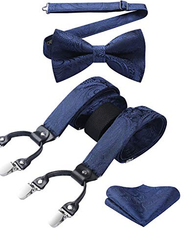 HISDERN Tirantes Hombres Paisley Azul Marino en Forma de Y con 6 Clips Conjunto de Tirante y Pajaritas Ajustables para Hombre