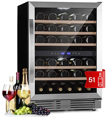 Klarstein Weinkühlschrank Freistehend, Kleiner Getränkekühlschrank Schmal, 2 Zonen Weinkühlschrank mit Glastür Klein, Indoor/Outdoor Beersafe, Kühlschrank Klein mit Touchpad, 5-20°C, 51 Flaschen