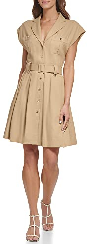 DKNY Damen Fit and Flare Wear to Work Belted Shirt Dress Kleid, Khaki, 38