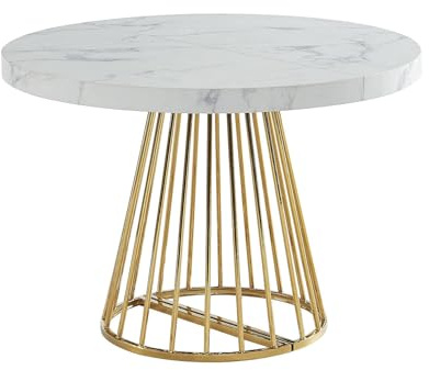 Vente-unique - Table à Manger Extensible 2 à 12 Personnes en MDF et Acier - Effet marbre Blanc et doré - FIRELA