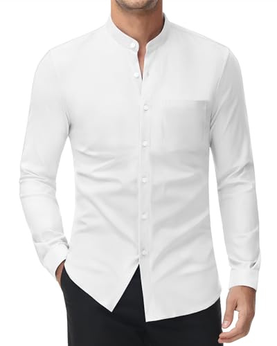 DEMEANOR Camisa elástica para hombre, sin cuello, manga larga, corte ajustado, no necesita planchado, cuello alto, XL
