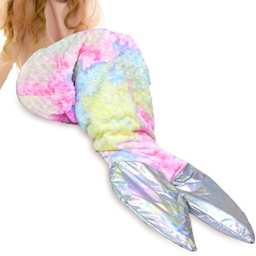 Stoinsto Thick Mermaid Tail Blanket Quilt for Cold Days, Soft Warm Winter Sleeping Bag with Plush Filling & Iridescent Shimmer Fish Tail, Wearable Cozy Flannel Snuggle Blanket, Rose Pink Yellow Blue