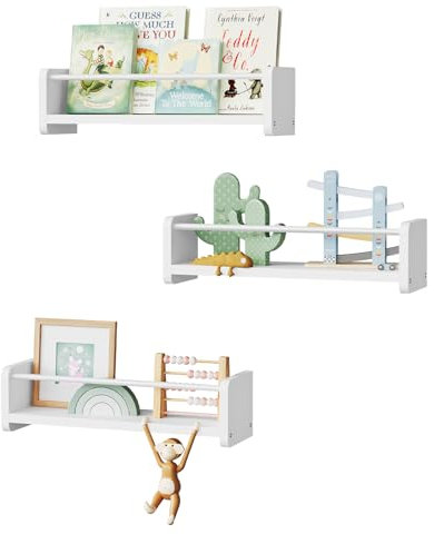 WOLTU Wandregale 3er Set, Regal Wand weiß, Hängeregal mit Metallstange, Schweberegal 2 Montagemöglichkeiten, Wandboard für Wohnzimmer Küche Kinderzimmer Schlafzimmer, RG9534ws