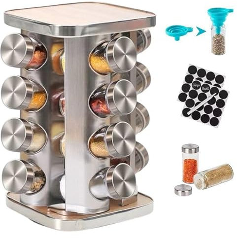 Home & Treat Rotating Spice Rack Organizer with 16 pcs Spice Jars, Labels, Funnel & Pen - Space-Saving 360° Carousel Design for Modern Kitchens