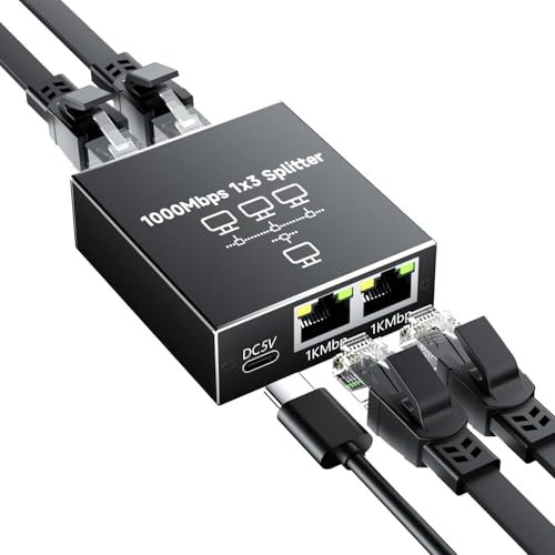 GlasFlength Divisor LAN de 1 a 3 1000 Mbps Ethernet, conmutador LAN de 4 Puertos con Cable de alimentación Tipo C Gigabit Ethernet Switch Cable de alimentación para Ordenador hubs Switches Router