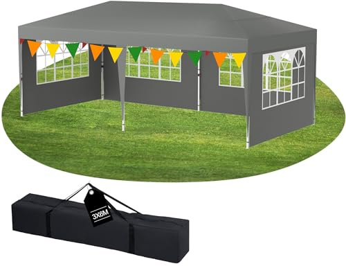 YRHome 3 x 6 m paviljong med 6 sidoväggar justerbar höjd vattentät stabil vintersäker vikbar paviljong popup festtält trädgårdstält trädgårdspaviljong UV-skydd 210D oxfordtyg inkl. väska grå