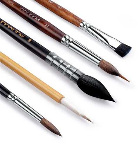 Fuumuui 5pcs Professional Watercolor Brush Set – Mixed Tips for Detail, Wash, Calligraphy & Texture Effects for Watercolour Gouache Inks Painting