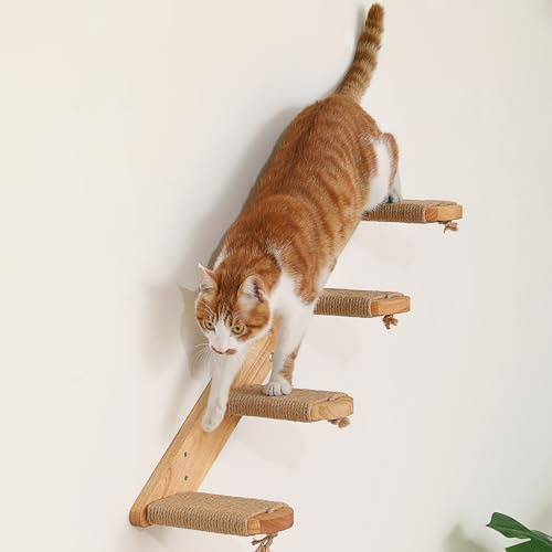 FUKUMARU Ripiani da Parete per Gatti, Scala per Gatti a 4 Gradini da Parete, Scaletta in Legno Massiccio, Con Corda di Iuta per Tiragraffi. Mensole e Mobili Sospese per Attività, Grande