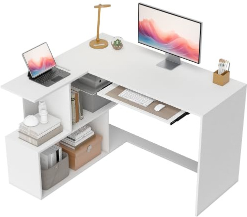 HOMCOM Bureau d'angle avec Plateau pour Clavier en L 120 x 100 cm Blanc | 4 Compartiments Ouverts, Table Informatique, Étudier, Travailler, Chambre, Maison