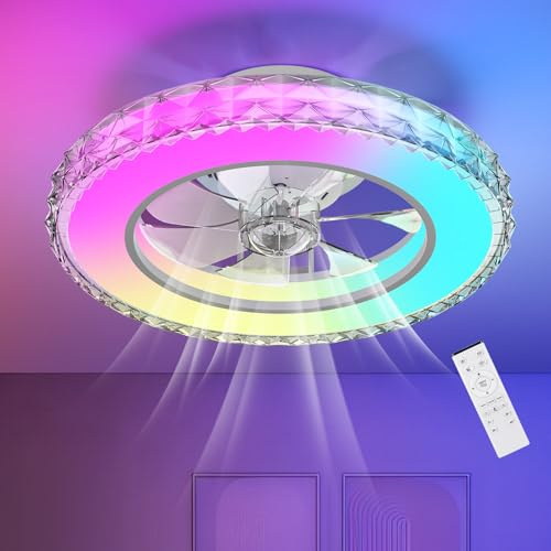 Ateroll Deckenventilator mit Beleuchtung Ø43.5CM, Kristall Deckenventilator Dimmbar (3000K-4000K-6500K-RGB), 6 Geschwindigkeiten mit Fernbedienung, Timer, Lichtspeicher, geeignet für Schlafzimmer
