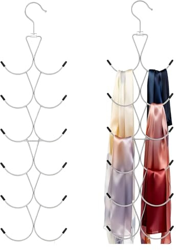 2Pcs Scarf Hanger with 12 Hooks, Metal 360° Rotating Organizer, Space-Saving Foldable Holder for Closet Scarves, Shawls, Belts and Purses (Silver)