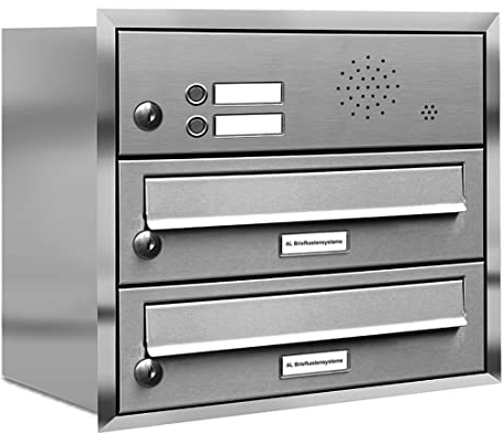 AL Briefkastensysteme, 2er Unterputzbriefkasten, Doppel-Briefkasten mit Klingeln, 2 Fach, Briefkastenanlage modern, rostfrei Edelstahl Postkasten