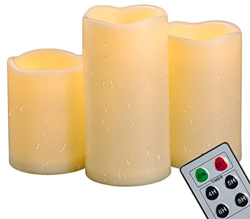 Juego de 3 velas LED impermeables de 10 cm, 13 cm, 15 cm, con mando a distancia y temporizador, funciona con pilas, de plástico, sin llama, para decoración de patio o jardín