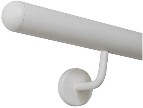 TIBU Handlauf Edelstahl weiß pulverbeschichtet 42,4 mm Geländer innen außen wetterfest, Länge 200 cm mit 3 Halter Enden halbrunde Kappe
