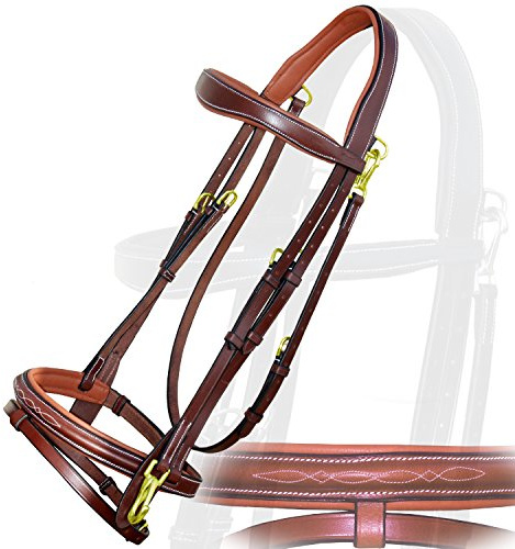 Exion Quick Change Snap English Bridle with Brass Hardware – Soft Lined Anatomical Horse Bridle with Rubber Reins – Snap-On Crown & Cheekpiece – Gold Tone Buckles – Padded Jumping Tack Set